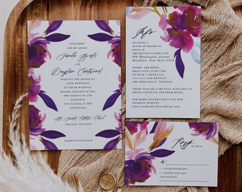 Purple Wedding Invitation Template Set, Printable Digital, Instant Download, Editable, Plum, Gold Floral Leaf, Botanical, Templett, LP