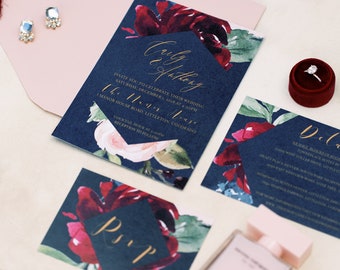 Winter Wedding Invitation Template, Navy Wedding Invitation Editable, Burgundy Floral Wedding Invitation Set INSTANT DOWNLOAD