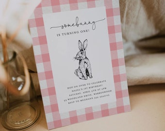 Some Bunny is One Invitation, Pink Gingham Some Bunny is Turning One Invite, Bunny Birthday Party Invitation, 1st Birthday Girl, Easter