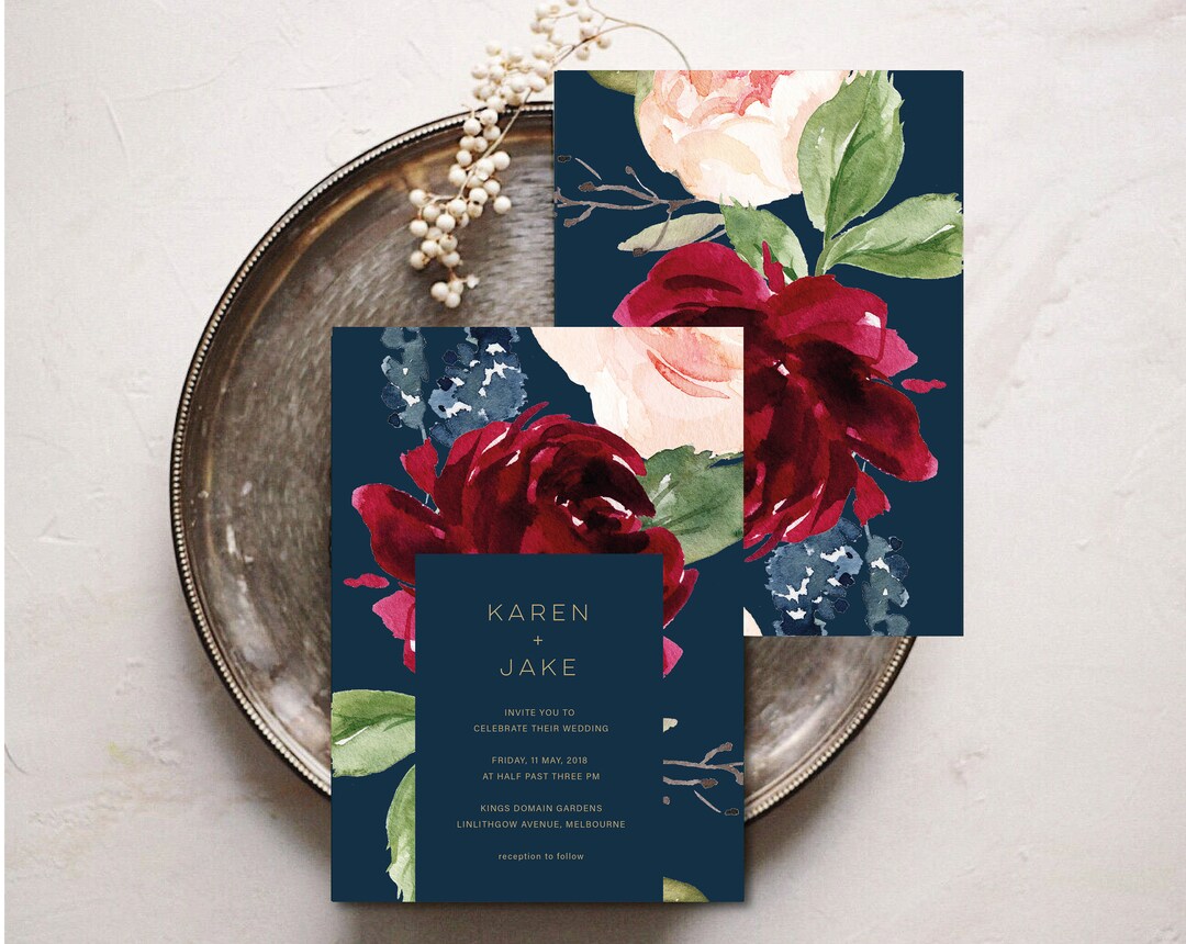 Navy Marsala Wedding Invitation Set Template Printable Floral - Etsy