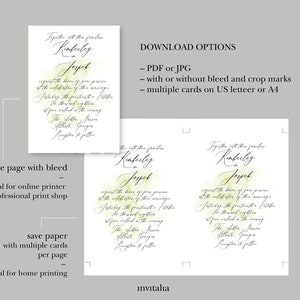May include: Two printable wedding invitation designs with green watercolor accents. The text reads "Together with their families, Kimberly + Joseph request the honor of your presence at the celebration of their marriage. Saturday, the twenty-ninth of October, at two thousand eighteen. You are invited to the ceremony. The after-ceremony reception to follow."