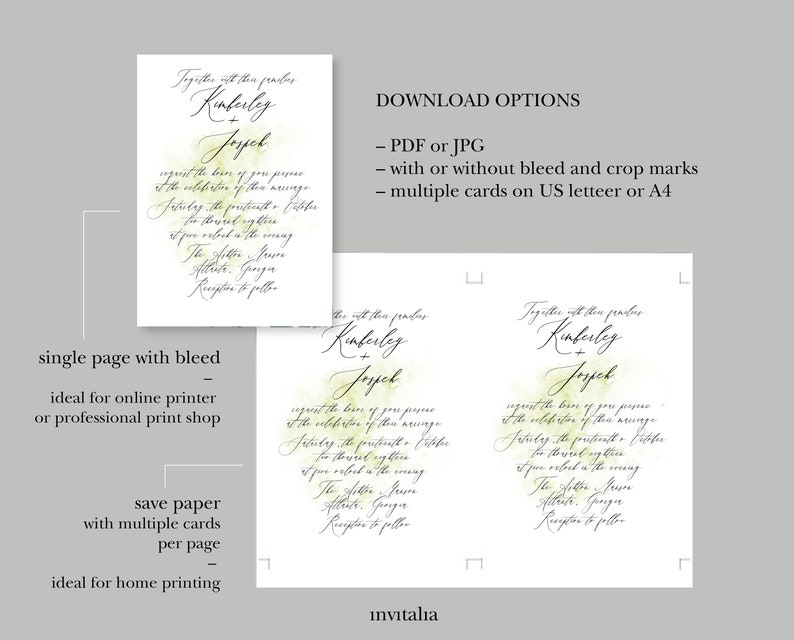 May include: Two printable wedding invitation designs with green watercolor accents. The text reads "Together with their families, Kimberly + Joseph request the honor of your presence at the celebration of their marriage. Saturday, the twenty-ninth of October, at two thousand eighteen. You are invited to the ceremony. The after-ceremony reception to follow."