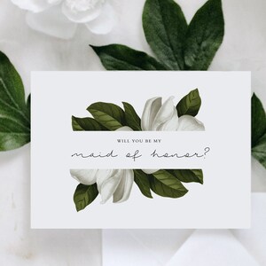 Magnolia Floral Will You Be My Bridesmaid Card, bewerkbare sjabloon, bruidsmeisje kaartsjabloon, groen bruidsmeisje kaart