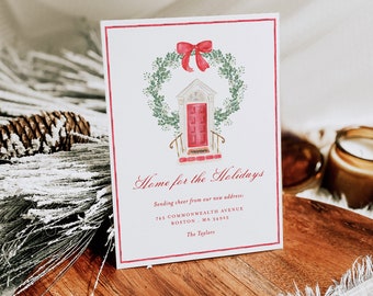 Grandmillenial Moving Announcement, Watercolor Wreath Change of Address Card, New Home New Address, New Home for the Holidays, Red Door