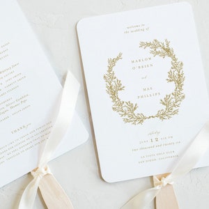 Blumenkranz Programm Fächer, druckbare Programmfächer Vorlage, druckbare Hochzeitsfächer, Hochzeitsprogramme, Hochzeitsprogramme, Goldkranz, MM