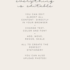 May include: Text overlay on a light beige background that reads "almost everything is editable".  The text below explains that you can edit almost all content directly in your browser, change text, color and font, add, move, resize, scale, and upload photos.  The text also states that exceptions apply depending on the template, as some backgrounds are locked images.  The text encourages users to try the demo before purchasing.