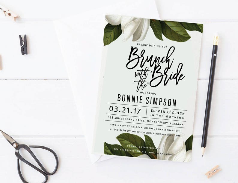 White Magnolia Bridal Shower Invitation, Botanical Floral, Wedding Shower, Baby Shower, Printable Invitation, WM image 5