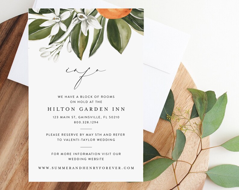 Citrus Wedding Invitation Template Set, Printable Orange Blossom, Vintage Botanical Invites, Digital Editable, Florida, California, Templett image 7