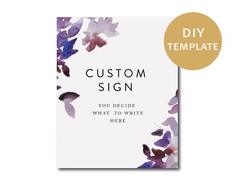 Purple Flowers Editable Custom Sign Template Custom Sign Your Text Here Purple Sign Favor Sign Guestbook Sign Wedding Sign Template Lilac L1