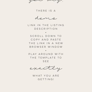 May include: Text graphic with the words "try before you buy!" and "There is a demo link in the listing description. Scroll down to copy and paste the link in a new browser window. Play around with the template to see exactly what you are getting! / For desktop users only. Not available on tablet or mobile devices."