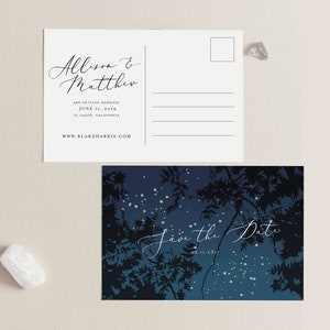Modelo para salvar a data do céu noturno, sob as estrelas, casamento ao ar livre, azul marinho e branco, cartão dupla face 4X6 para o infinito e além da estrela cadente