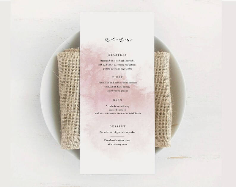 Pink, Printable Menu, INSTANT DOWNLOAD, Wedding Menu, DIY Printable Decorations, Templett, Editable Pdf, Food Menu, Watercolour, 画像 2