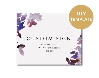 Horizontal reception sign template Purple flowers editable custom sign your text here Purple sign Favor Sign Guestbook Sign Wedding Sign L1