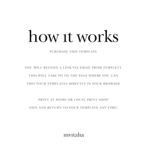 May include: Text explaining how to use a digital template. It says "how it works", "purchase this template", "you will receive a link via email from templett", "this will take you to the page where you can edit your templates directly in your browser", "print at home or local print shop", "save and return to your template any time!" and "invitalia".