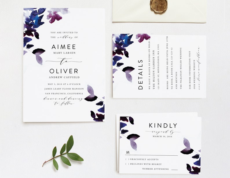 Purple Floral Wedding Invitation Set Editable Template Romantic Florals Eggplant Elegant Watercolor Wedding Invitation Instant Download L1 image 3