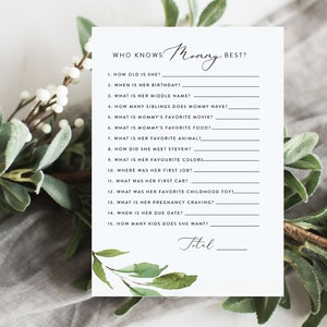 Chi conosce meglio la mamma, gioco baby shower stampabile, download immediato baby shower, giochi baby shower gender-neutral, baby shower Greenery, G2