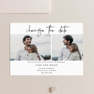 Foto Desechar la fecha, cambio de planes, plantilla de invitación de boda pospuesta, invitación por mensaje de texto o correo electrónico, cancelar anuncio de boda