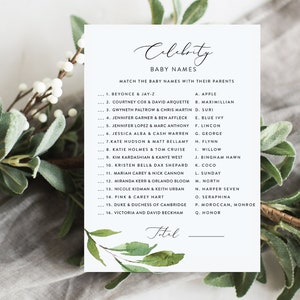 Greenery Celebrity Baby Name Game, Celebrity Baby Shower Game, Green Foliage Name Game, Celebrity Matching Baby Name Game, G2 image 1