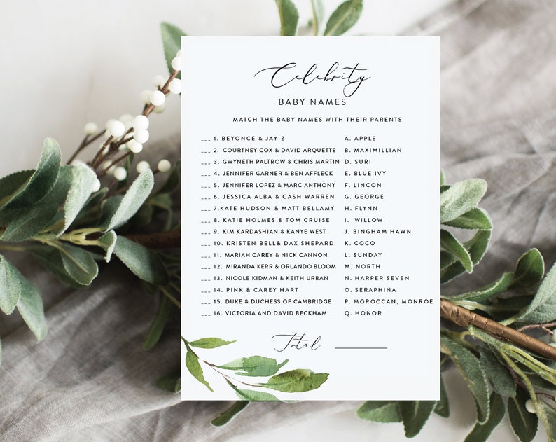 Greenery Celebrity Baby Name Game, Celebrity Baby Shower Game, Green Foliage Name Game, Celebrity Matching Baby Name Game, G2 image 1