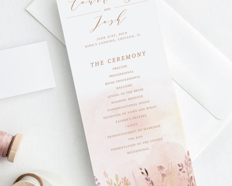 Romantic Wedding Watercolor Program Printable Floral Invitations Delicate Blush Flowers Hand-painted watercolor flowers order of service image 9