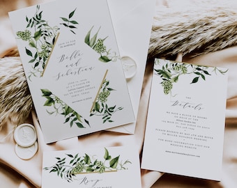 Greenery Wedding Invitation Template Download, Invitation template, Invitation Printable, Invite Set, Invitation Download, Suite, Templett