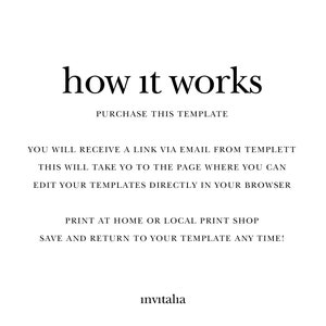 May include: Text explaining how to use a digital template. It says "how it works", "purchase this template", "you will receive a link via email from templett", "this will take you to the page where you can edit your templates directly in your browser", "print at home or local print shop", "save and return to your template any time!" and "invitalia".