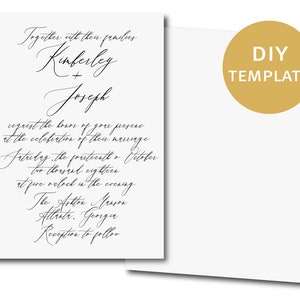 May include: A wedding invitation template with the text "Together with their families, Kimberly + Joseph request the honor of your presence at the celebration of their marriage Friday, the fourteenth of October two thousand eighteen at five o'clock in the evening The Hilton Mason Atlanta, Georgia Reception to follow" in black cursive font.
