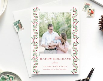 Personalized Watercolor Christmas Card with a Grandmillennial Touch, Custom Liberty Design with Red and Green Vine Floral Border