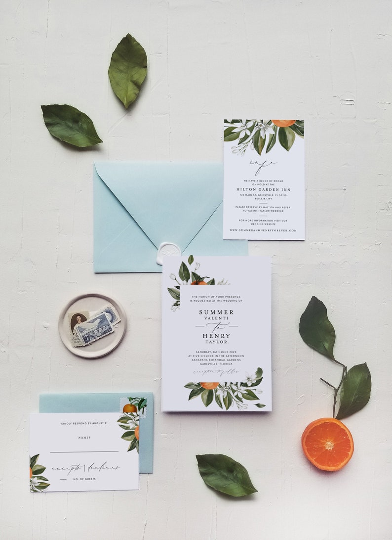 Citrus Wedding Invitation Template Set, Printable Orange Blossom, Vintage Botanical Invites, Digital Editable, Florida, California, Templett image 2