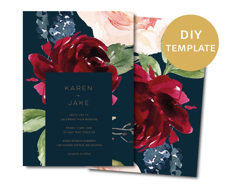 Navy Marsala Wedding Invitation Set Template Printable Floral | Etsy