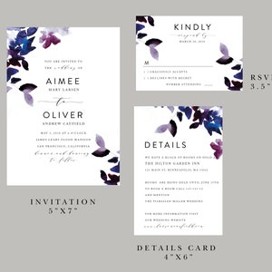 Purple Floral Wedding Invitation Set Editable Template Romantic Florals Eggplant Elegant Watercolor Wedding Invitation Instant Download L1 image 5