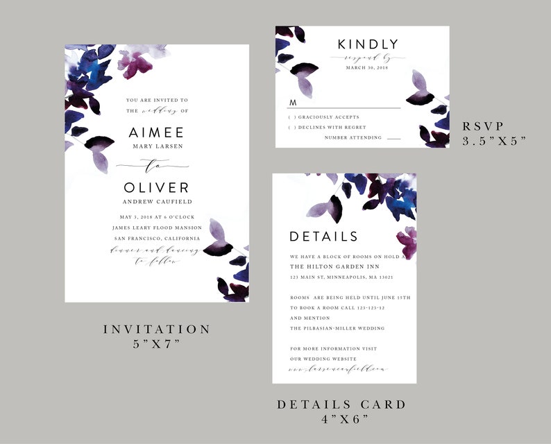 Purple Floral Wedding Invitation Set Editable Template Romantic Florals Eggplant Elegant Watercolor Wedding Invitation Instant Download L1 image 5