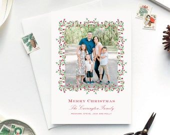Family Holiday Card, Green/Red Berries Vine Border, Christmas Photo Card, Editable Template