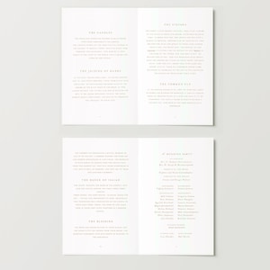 May include: A wedding ceremony program booklet with gold text on a white background. The booklet includes sections for the candles, the joining of hands, the dance of Isaiah, the blessing, the stefana, the common cup, and the wedding party.