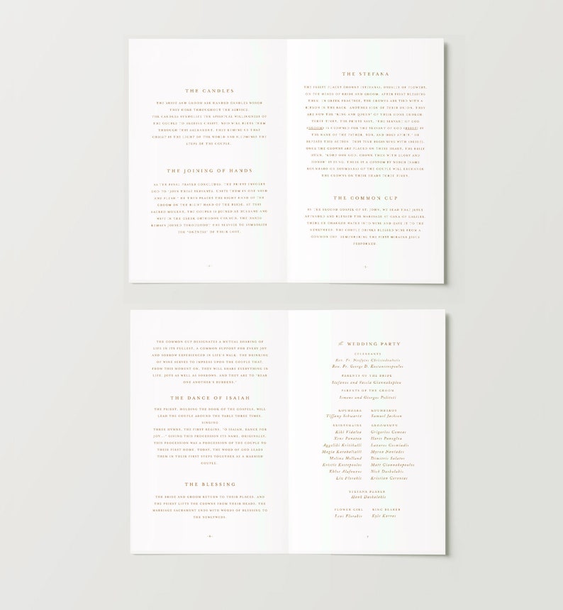 May include: A wedding ceremony program booklet with gold text on a white background. The booklet includes sections for the candles, the joining of hands, the dance of Isaiah, the blessing, the stefana, the common cup, and the wedding party.