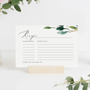 Printable Recipe Cards 4x6, Bridal Shower Recipe Cards, Recipe Card Template, Greenery Recipe Card, Instant Download, Editable DIY Template