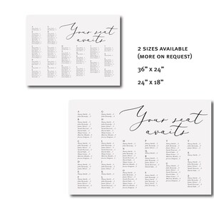 May include: A printable wedding seating chart template with the text "Your seat awaits" in a cursive font. The chart is divided into alphabetical sections with names listed under each letter. The template is available in two sizes: 36 inches by 24 inches and 24 inches by 18 inches.