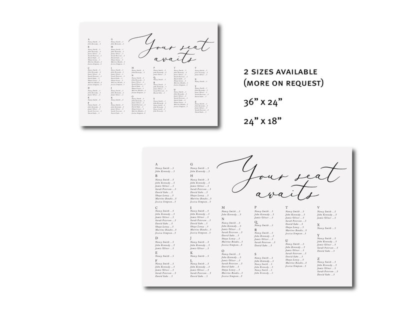 May include: A printable wedding seating chart template with the text "Your seat awaits" in a cursive font. The chart is divided into alphabetical sections with names listed under each letter. The template is available in two sizes: 36 inches by 24 inches and 24 inches by 18 inches.