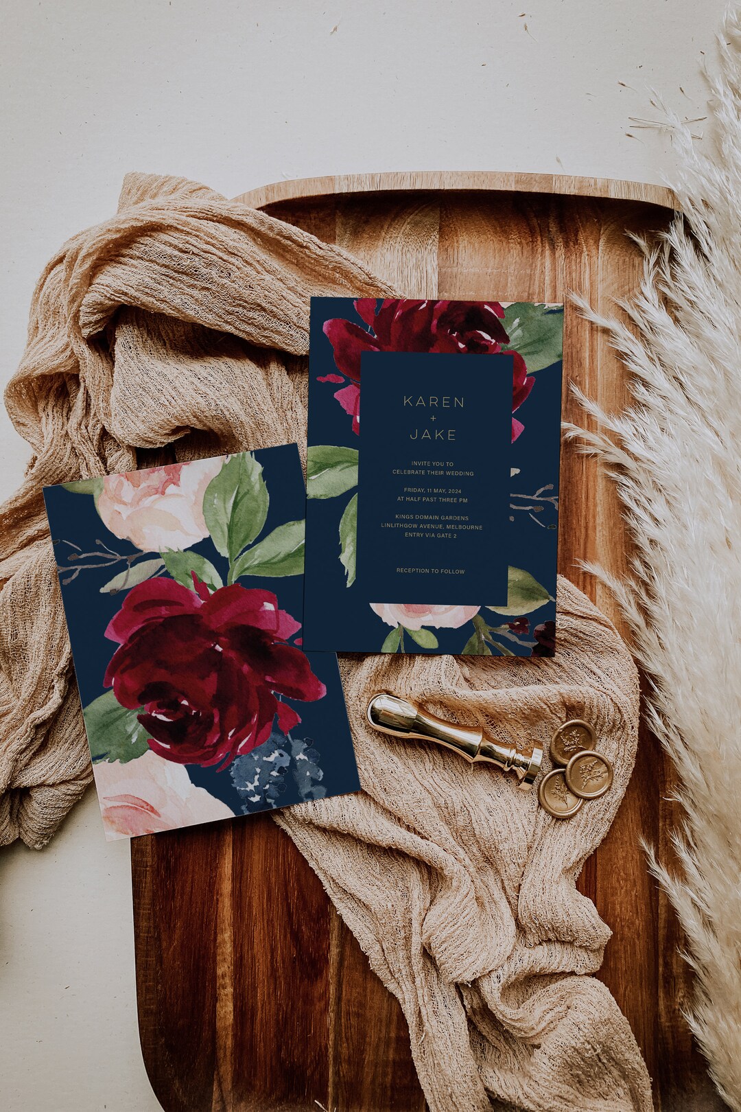 Navy Marsala Wedding Invitation Template, Printable Burgundy Floral ...
