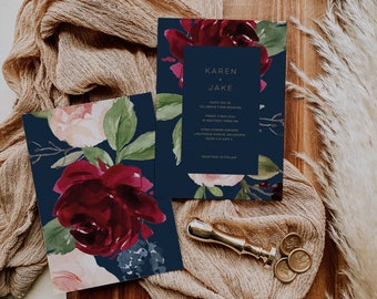 Navy Marsala Wedding Invitation Template, Printable Burgundy Floral Wedding Invite, Instant Download, Navy Modern Geometric Invite Set