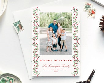 Classic Christmas Photo Christmas Card, Watercolor Holiday Cards, Heirloom Southern Christmas, Personalized Grandmillennial Christmas Card