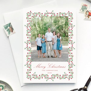 Biglietti di auguri Preppy Chinoiserie, biglietti di Natale, cartoline di Natale fotografiche, biglietti di auguri fotografici, graziosi biglietti di auguri, ornamenti con cornice floreale