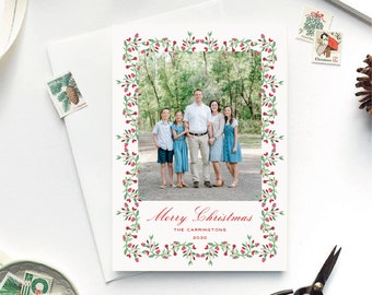 Preppy Chinoiserie Holiday Cards, Christmas card, Photo Christmas cards, Photo holiday cards, Pretty Holiday Cards, Floral Frame Ornament