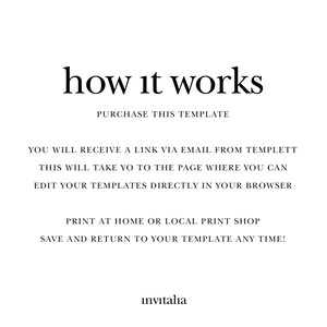 May include: Text explaining how to use a digital template. It says "how it works", "purchase this template", "you will receive a link via email from templett", "this will take you to the page where you can edit your templates directly in your browser", "print at home or local print shop", "save and return to your template any time!" and "invitalia".