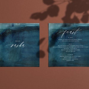 Vierkante menusjabloon bewerkbare vierkante bruiloft dinermenu groenblauw aquarel menukaart, afdrukbare sjabloon, elegant modern ontwerp DIY bruiloft WA