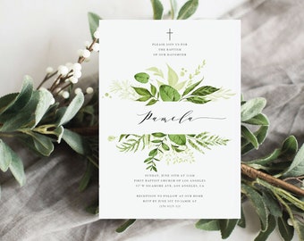 Printable Baptism Invitation Template, Greenery Baptism Template, Printable Baptism Invite Template, Instant Download, G1