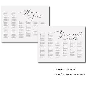 May include: A printable wedding seating chart template with the text "Have a Seat" and "Your Seat Awaits". The chart is divided into tables labeled with letters of the alphabet. Each table has a list of names.