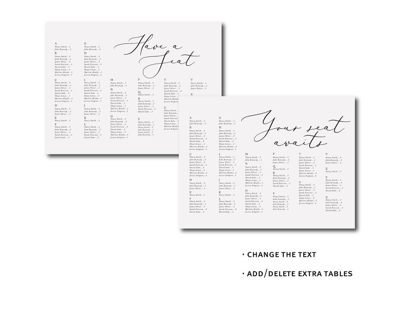 May include: A printable wedding seating chart template with the text "Have a Seat" and "Your Seat Awaits". The chart is divided into tables labeled with letters of the alphabet. Each table has a list of names.