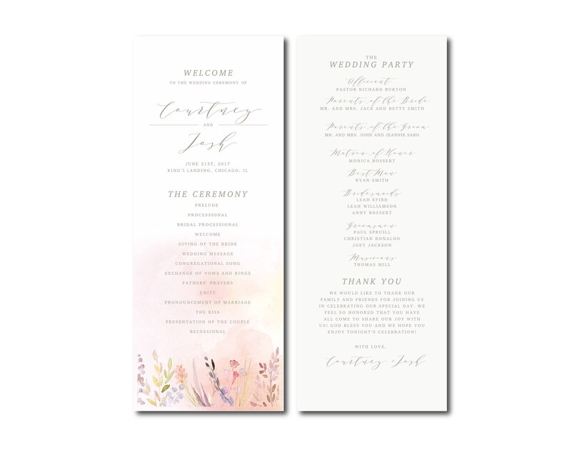 Romantic Wedding Watercolor Program Printable Floral Invitations Delicate Blush Flowers Hand-painted watercolor flowers order of service image 2