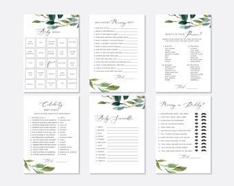 Greenery Leaves Baby Shower Games Bundle, Games Pack, Printable Template, Instant Download, Baby Shower Games Template, Bundle Games, G2